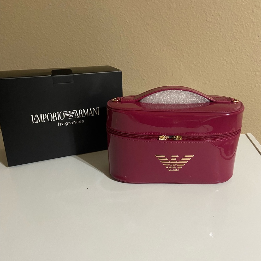 Emporio Armani Fuchsia Patent Cosmetic Case with Gold Accents